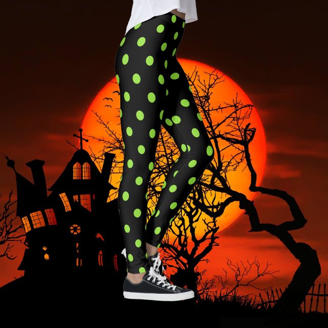 Legging Figurino das Bolinhas Negras do Halloween (Halloween Black Green Polka Dots Pattern Costume Leggings)