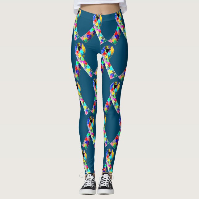 Legging Fita quebra-cabeça de autismo azul (Frente)