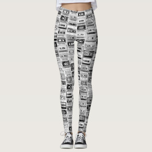Legging Fitas de Cassete Pretas e Brancas Retro