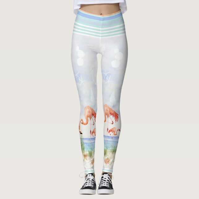 Legging Flamingo Birds Ocean Beach Seashell Striped Art (Frente)