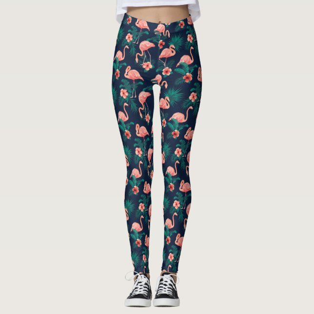 Legging Flamingo Impressão, Flor Tropical de Hibiscus Rosa (Frente)