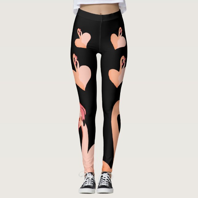 Legging Flamingo Love, Black Custom Leggings, Heart (Frente)