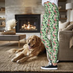 Legging Flamingo Rosa Tropical Folhas de Palmeira Verde Lí
