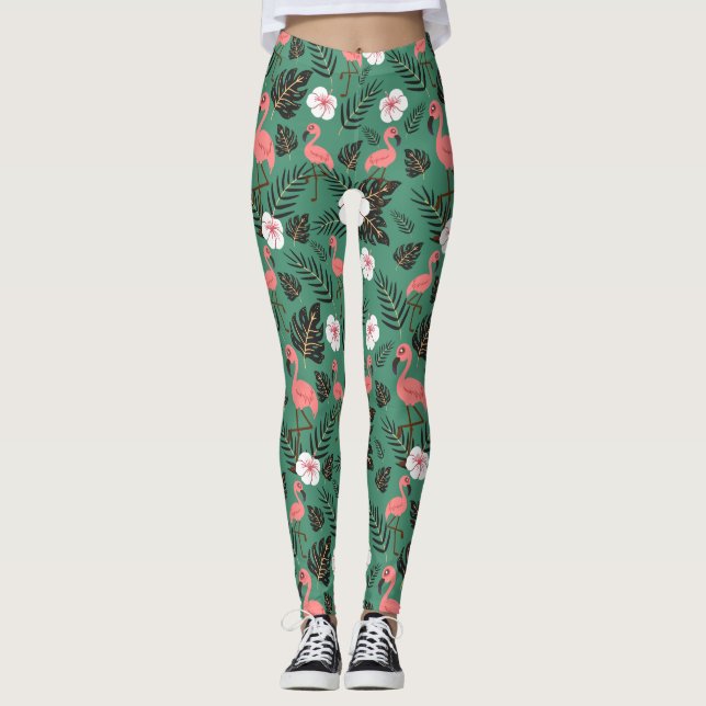 Legging Flamingo seamless pattern pink on green background (Frente)