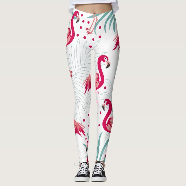 Legging Flamingo tropical e folhas, padrão de verão. (Frente)