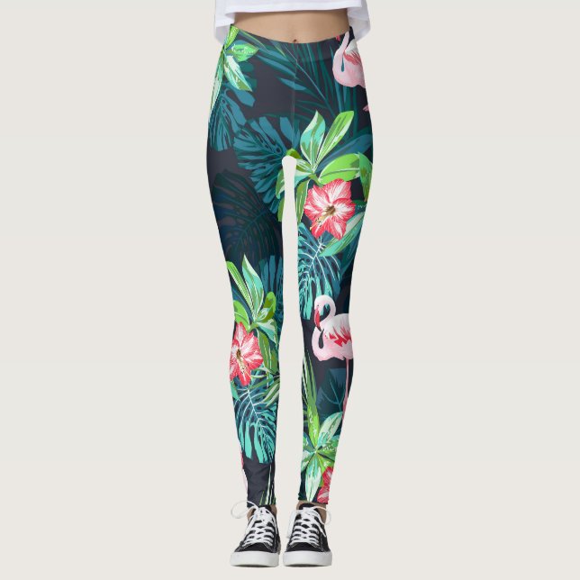 Legging Flamingo Tropical: Padrão de Flores de Verão (Frente)