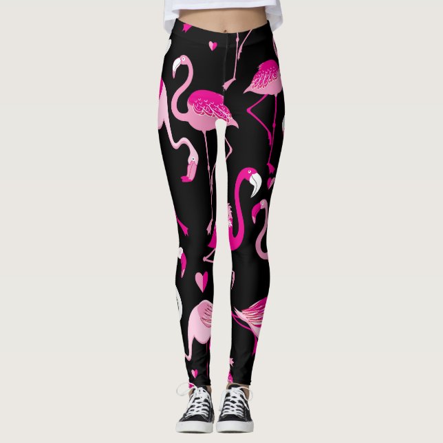 Legging flamingos cor-de-rosa, padrão sem costura escuro. (Frente)
