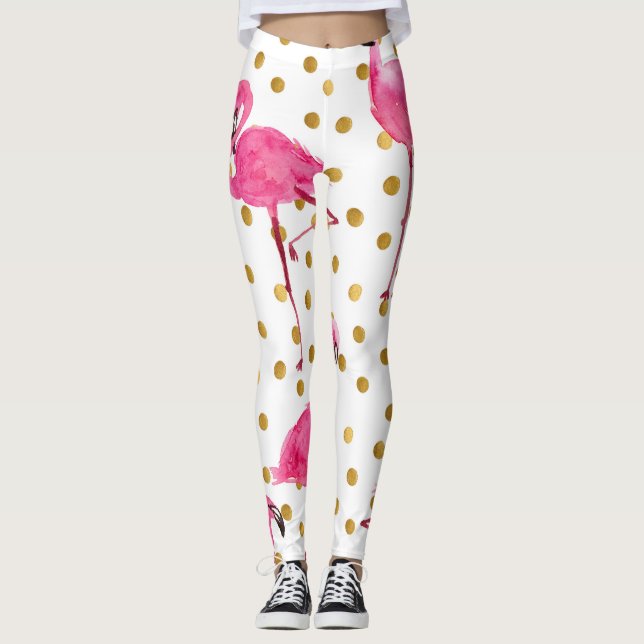 Legging flamingos cor-de-rosa, pontos ouros, aquarela. (Frente)