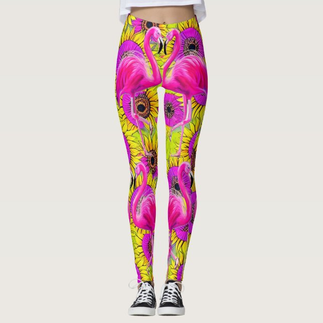 Legging Flamingos Em Fundo De Flores (Frente)