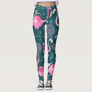 Legging Flamingos Fllowers: Gráfico Escuro Sem Costura.