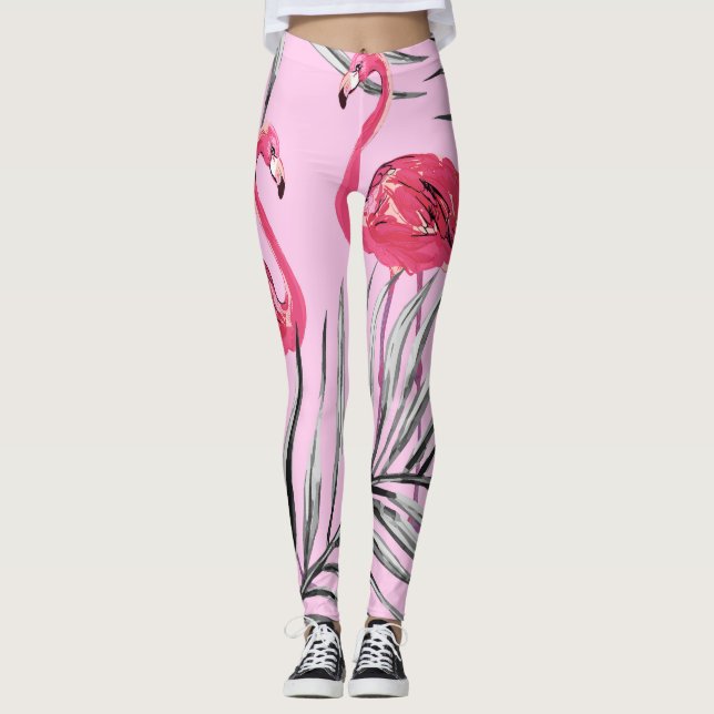 Legging Flamingos, padrão de vinheta de aquarela tropical. (Frente)