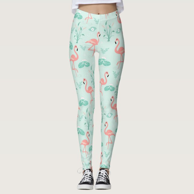 Legging Flamingos Rosa Verde Aves Tropicais Tendência  (Frente)
