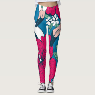 Legging Flamingos Tropicais: Fundo de Hibiscus Plumeria.