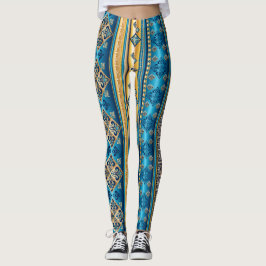 Legging Fleur de lis Enfumaçado Azul Dourado Padrão Étnico