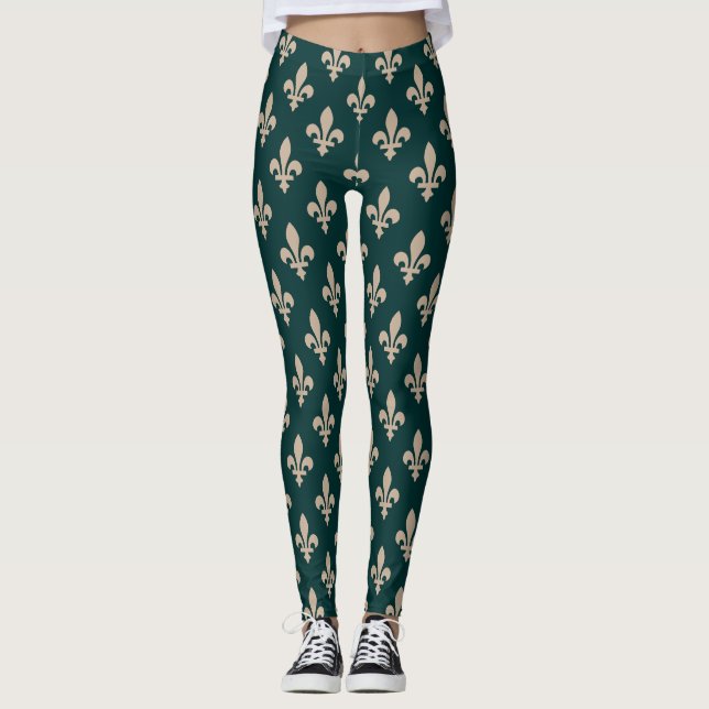 Legging Fleur de Lis Pattern, Royal French Cream on Green (Frente)