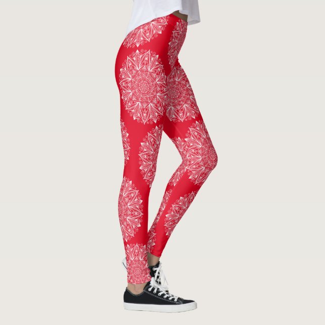 Legging Floco de neve Mandala Vermelho e Branco Padrão de  (Direita)
