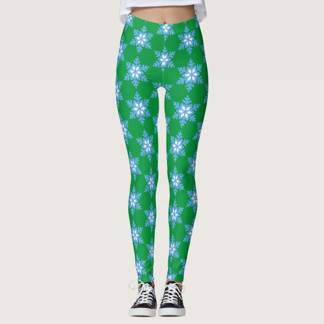 Legging Flocos de neve azuis brilhantes nas pernas verdes  (Frente)