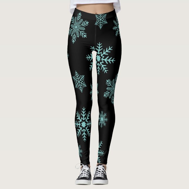 Legging Flocos de neve azuis em coxas pretas (Frente)