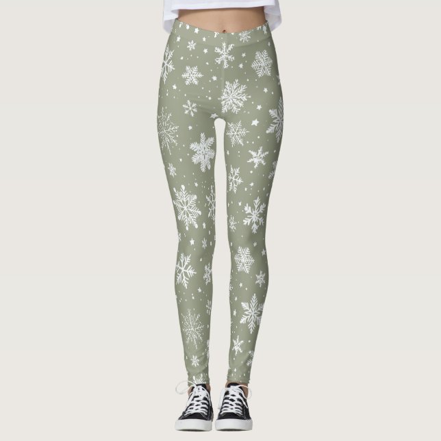Legging Flocos de neve brancos e verdes feriados (Frente)