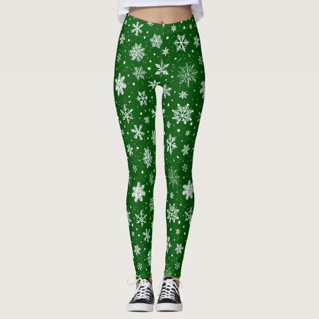 Legging Flocos de neve brancos em verde (Frente)