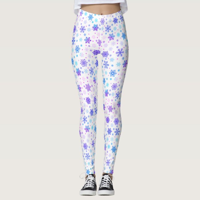 Legging Flocos de neve, cor-de-rosa e azuis, brancos elega (Frente)