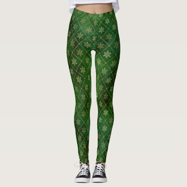 Legging Flocos de neve de inverno, verde e dourados, (Frente)