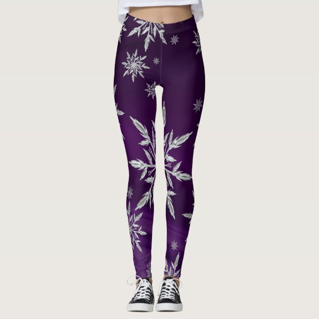 Legging Flocos de neve de prata Sparkly no roxo (Frente)