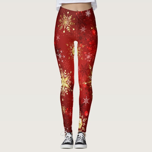 Legging Flocos de neve do Ouro de Natal em Fundo Vermelho (Frente)