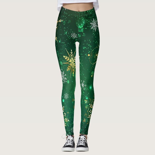 Legging Flocos de neve do Ouro Xmas em fundo verde (Frente)