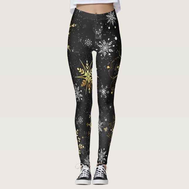 Legging Flocos de neve do Ouro Xmas em preto (Frente)