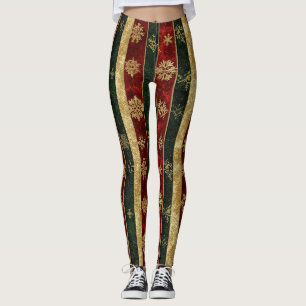 Legging Flocos de Neve Dourados de Natal Listras Vermelhas