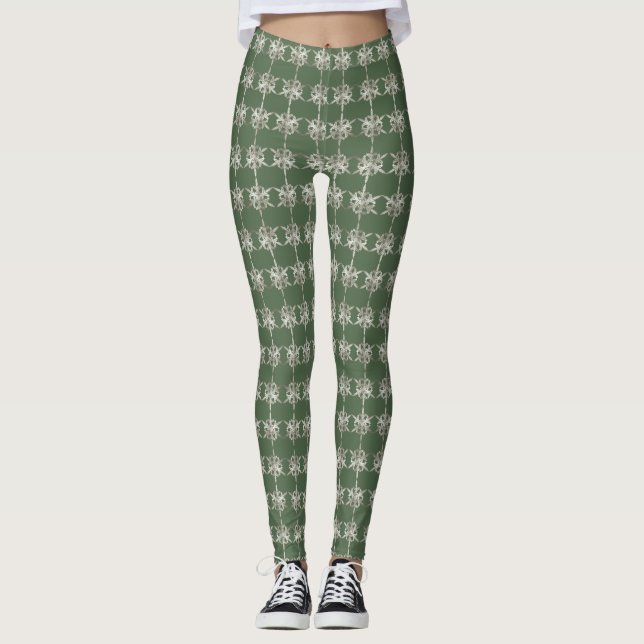 Legging Flocos de neve prateados com fundo verde (Frente)