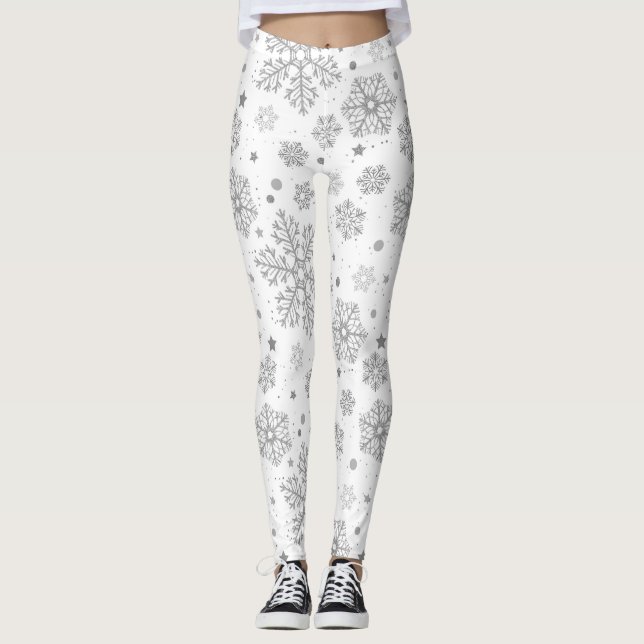 Legging Flocos de neve prateados em branco (Frente)