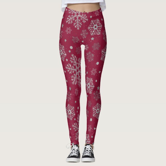 Legging Flocos de neve prateados em vermelho escuro (Frente)