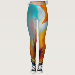 Legging Flor Abstrata em Laranja e Azul Turquesa