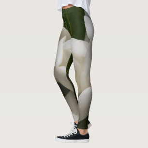 Legging flor branca de magnólia e folhas verdes escuras