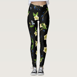 Legging Flor branca e botões azuis padrão floral