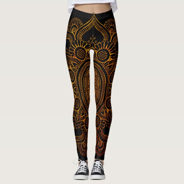 Legging Flor da mandala - preto e ouro (Frente)
