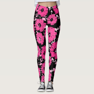 Legging Flor De Abstrato Rosa Quente Vibrante A Preto