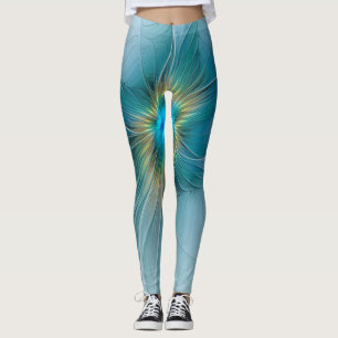 Legging Flor de Arte Fractal Dourada e Azul Moderno