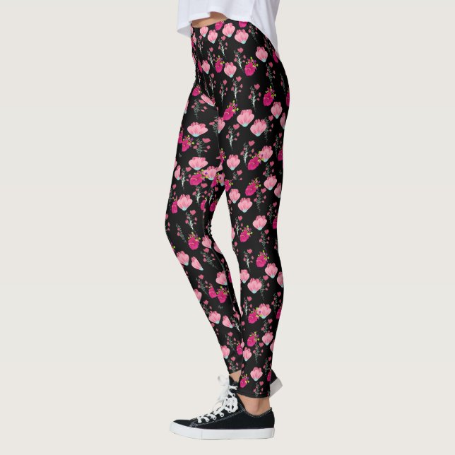 Legging flor de cereja vermelha e rosa Padrão em preto (Esquerda)