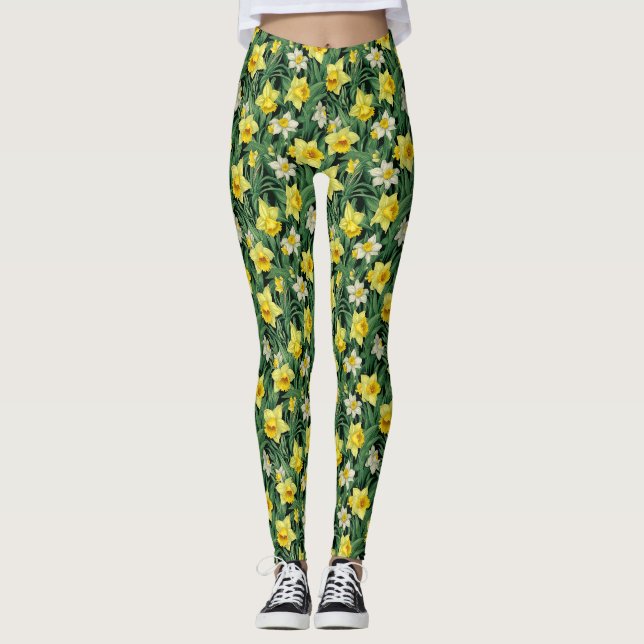Legging Flor de Daffodilo Amarelo e Branco sem costura (Frente)