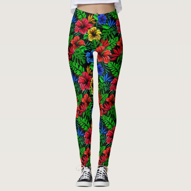 Legging Flor de Hibisco Azul Amarelo Tropical (Frente)