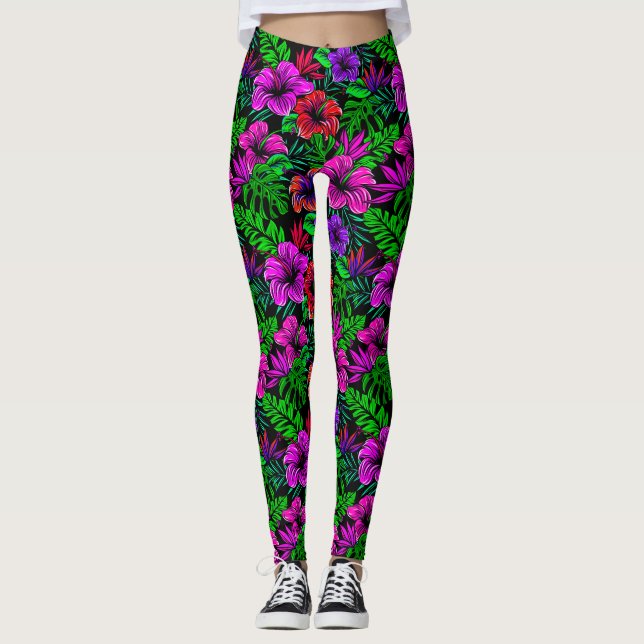 Legging Flor de Hibisco, Rosa Tropical, Vermelho Roxo (Frente)
