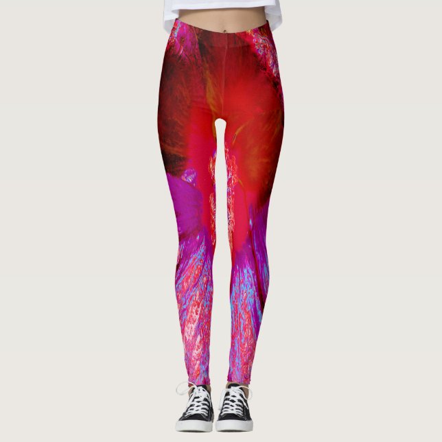 Legging Flor de Hibisco Vermelha Psicodélica e Trippy Retr (Frente)