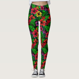Legging Flor de Hibiscus Rosa-Amarelo-Tropical
