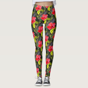 Legging Flor de Hibiscus Tropical Vermelha e Bonita