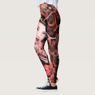 Legging Flor de Lotus carmesim da gueixa