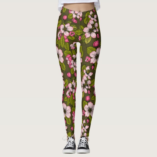Legging Flor de maçã em verde-escuro (Frente)