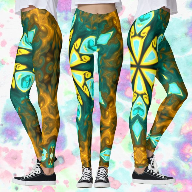 Legging Flor de Mandala Psicodélico Teal e Amarelo (Criador carregado)